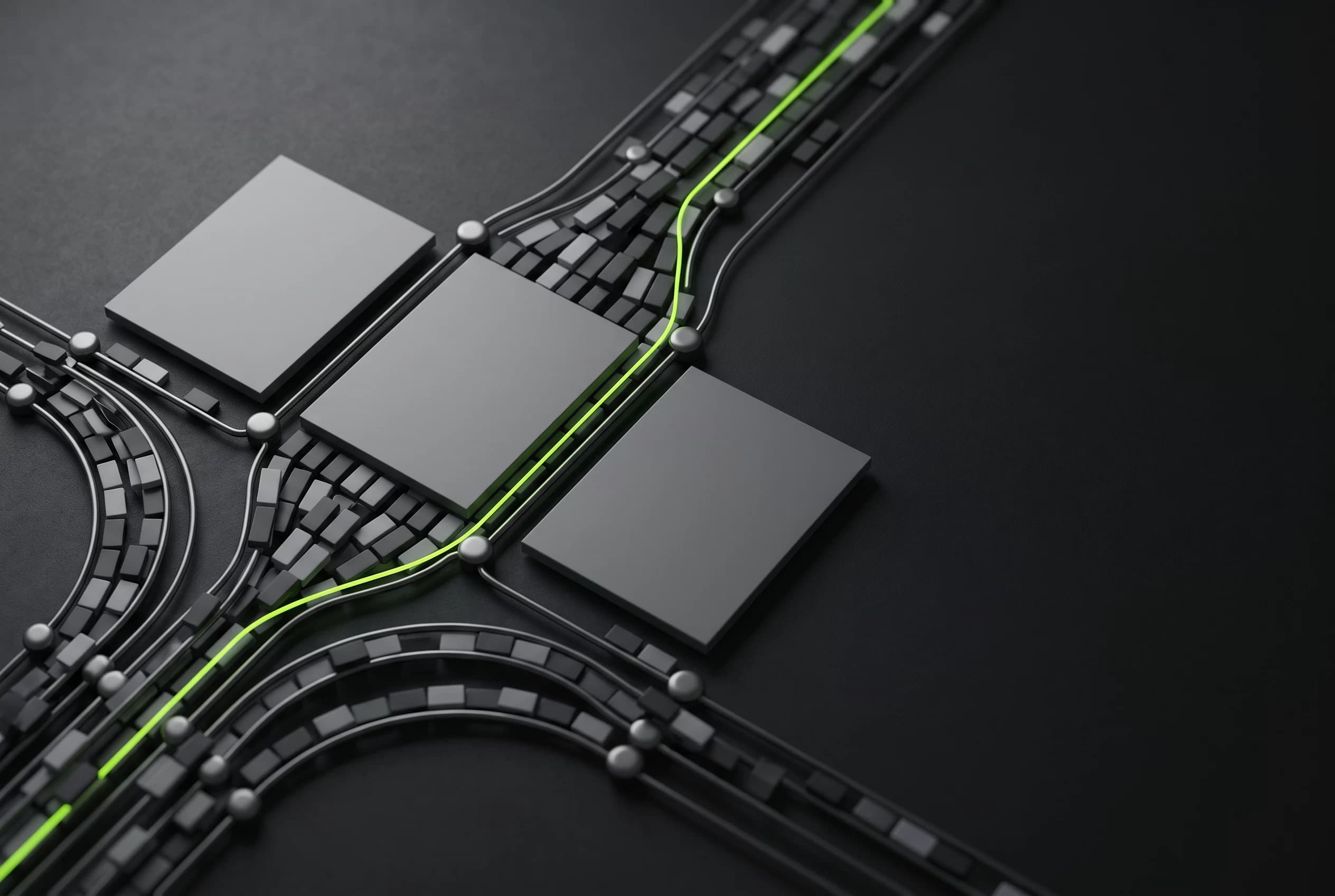 3D illustration of three report panels assembling from streams of tiles, representing client reporting built without manual work