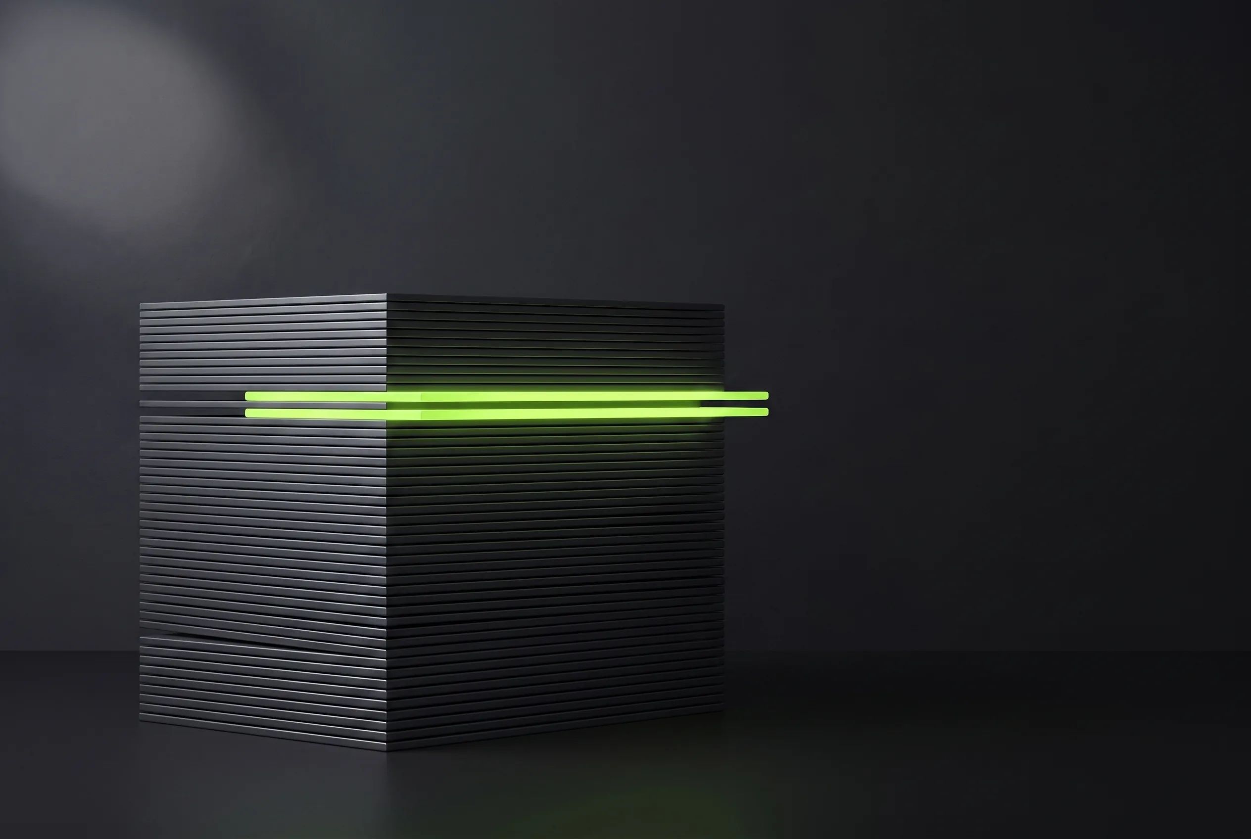 3D illustration of a tall stack of thin plates with a single lit plate sliding into a gap partway up, representing the last outstanding document completing a case file