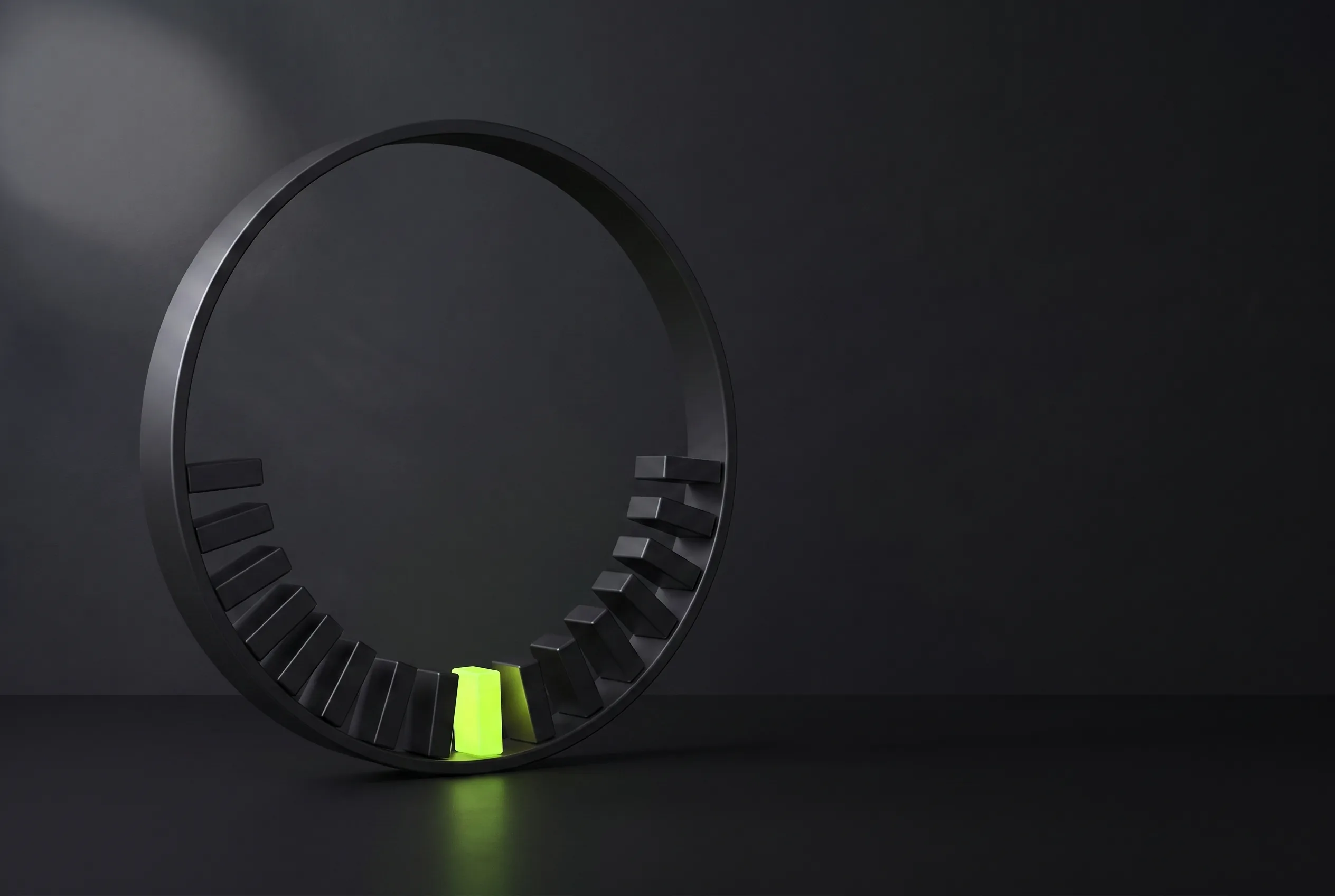 3D illustration of an upright ring with rectangular blocks set around its lower arc like slots in a day, one block lit, representing a job booked into an appointment-led schedule