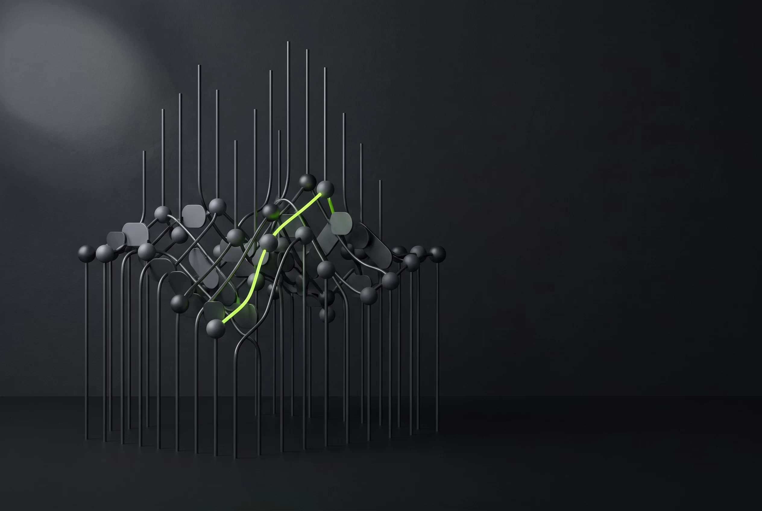 3D illustration of separate tool blocks joined by a lattice of connected nodes, representing a CRM, inbox and calendar working as one connected system