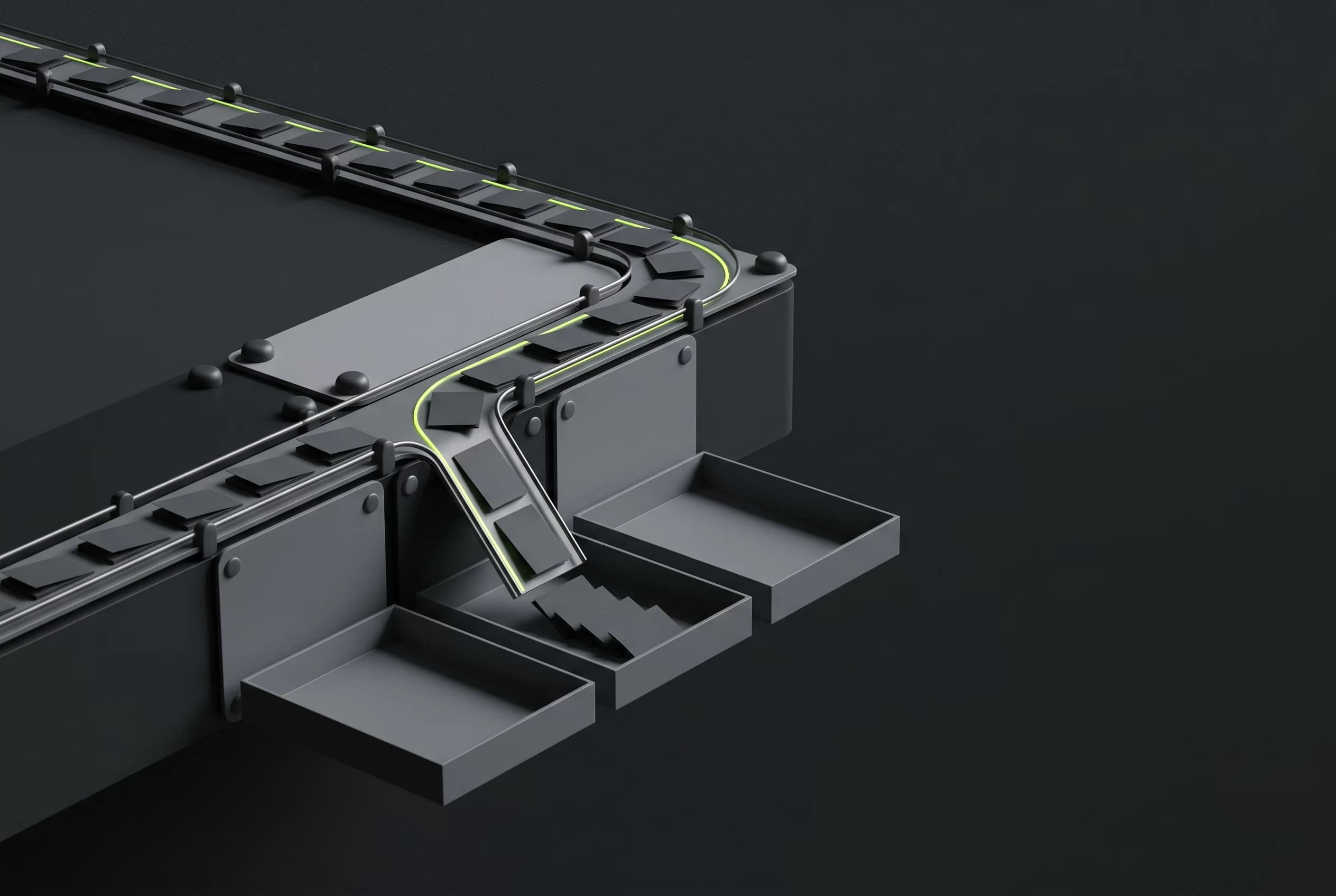 3D illustration of enquiry cards travelling along a rail into sorted trays, representing repeat workflows running without manual handling