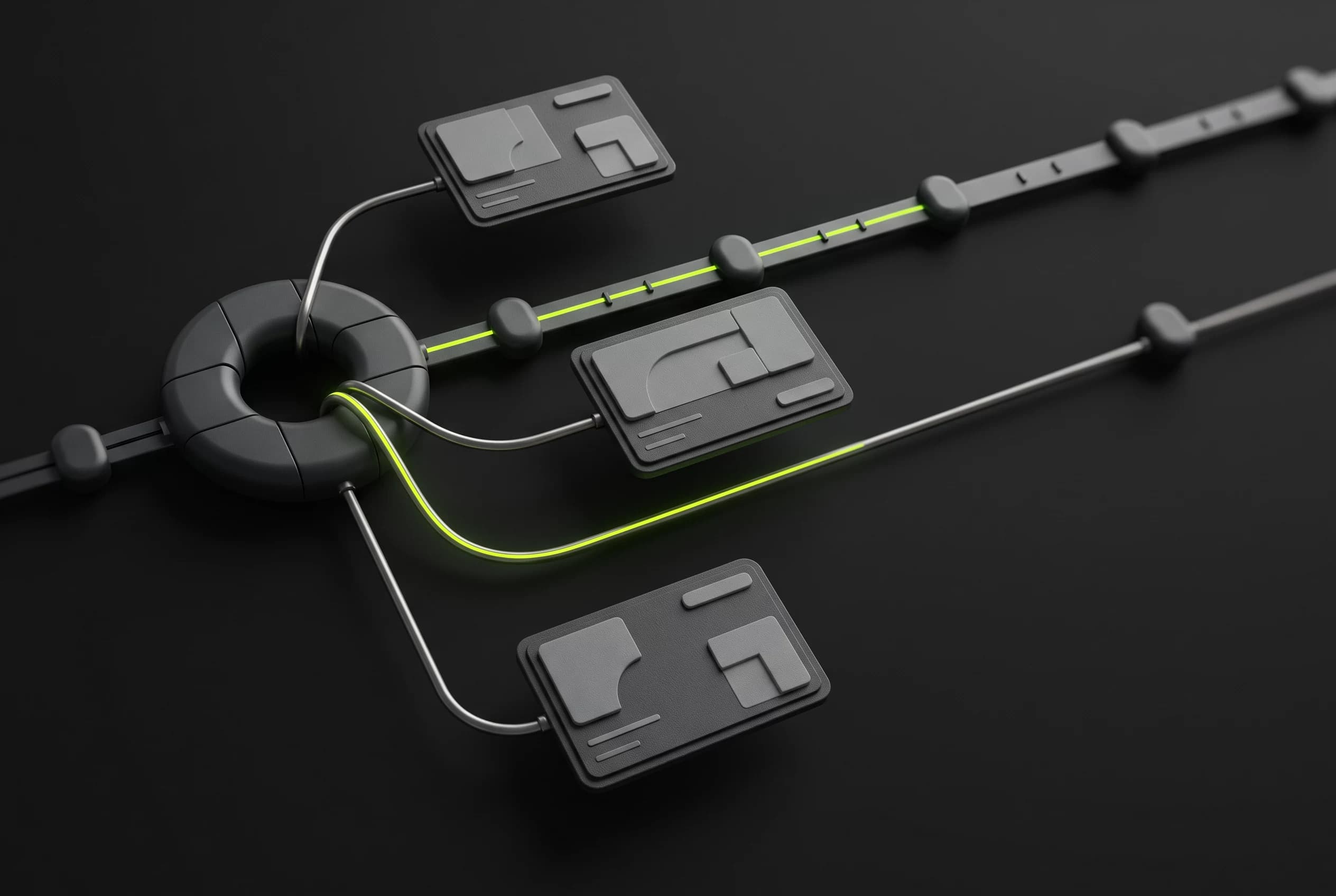 3D illustration of a key-ring hub linking property cards to a calendar rail, representing portal enquiries and viewing bookings handled automatically